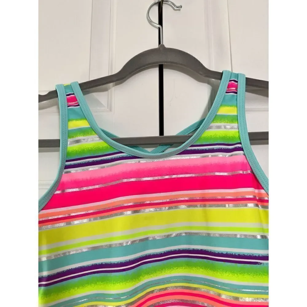 Girls One Piece Swimsuit Shiny Stripes Back Cross-Straps‎